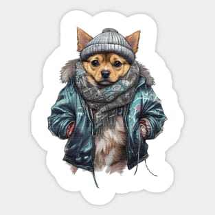 Chihuahua dog wearing a leather jacket and hat Sticker